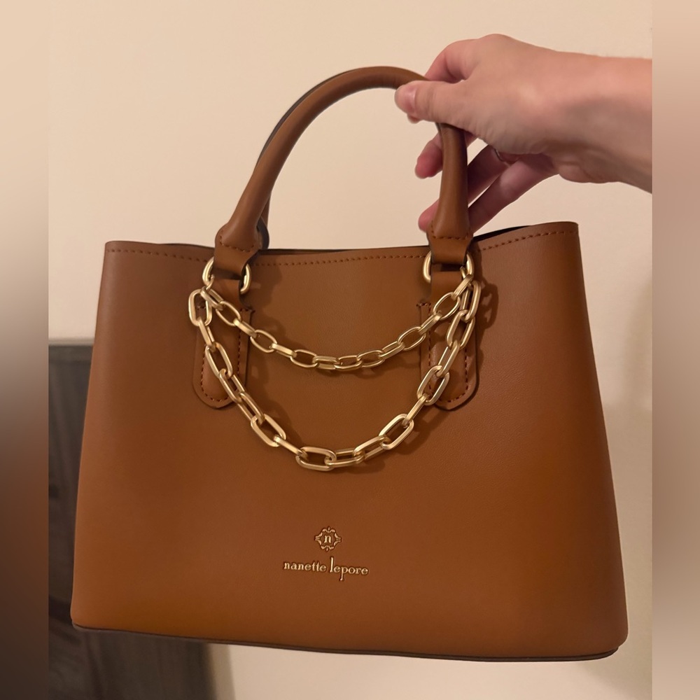Nanette Lepore Brown Purse Top Handle Gold Chain Accent Inner Pockets